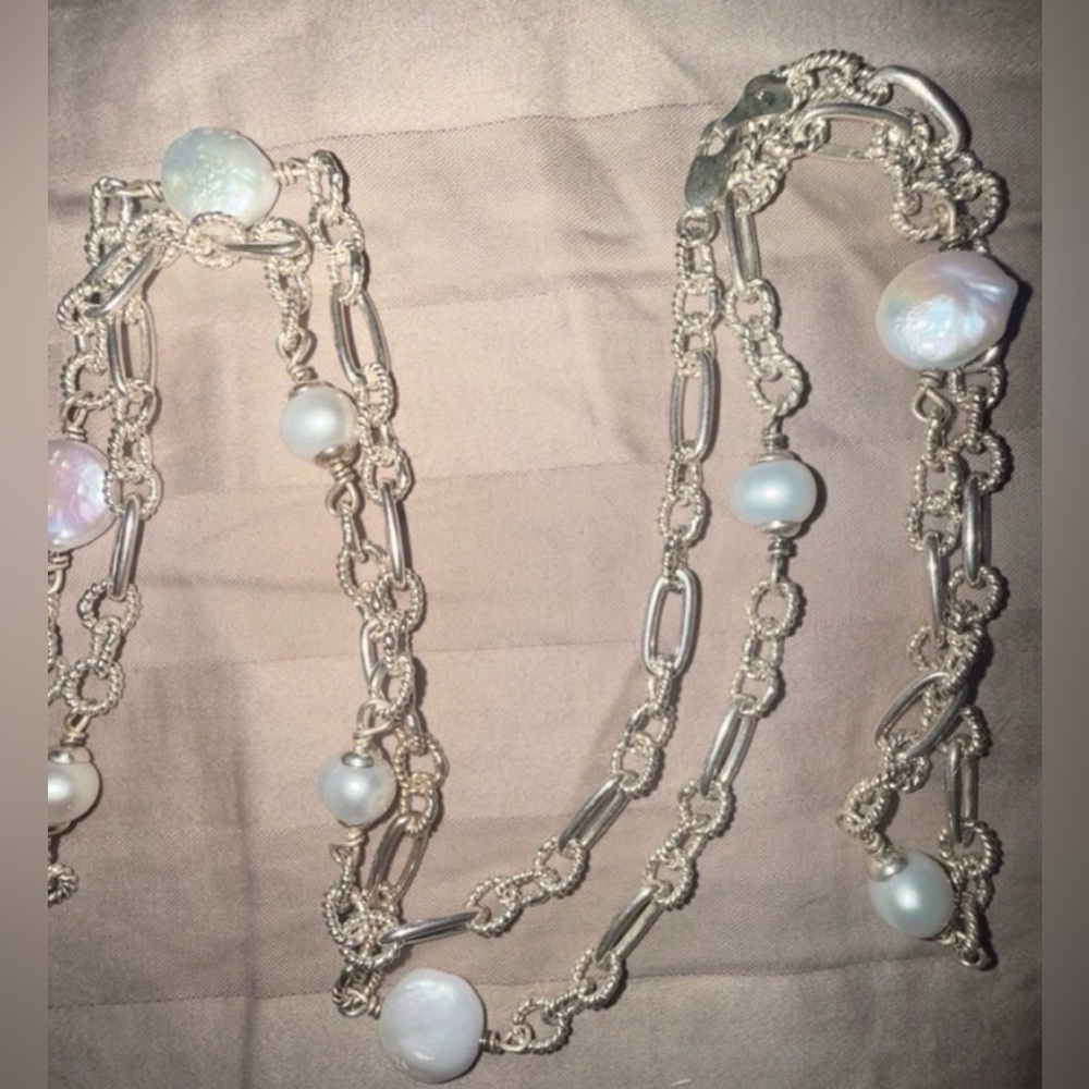Vintage 925 sterling silver real White Pearl chain link Necklace